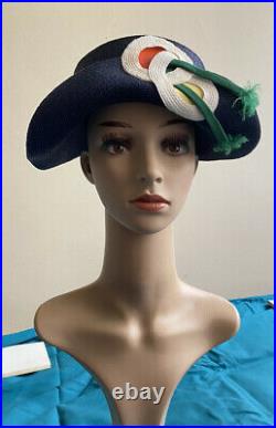 Vintage Elsa Schiaparelli Blue Hat Straw & Grosgrain Boater With Original Box
