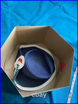 Vintage Elsa Schiaparelli Blue Hat Straw & Grosgrain Boater With Original Box