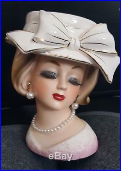 Vintage Enesco Lady Head Vase Hat Girl/Woman with Big Bow & Pearls Japan Foil Tag