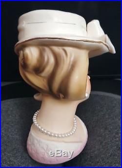 Vintage Enesco Lady Head Vase Hat Girl/Woman with Big Bow & Pearls Japan Foil Tag