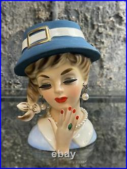 Vintage Enesco Lady Head Vase Pearl Necklace & Earrings, Ring, Blue Hat Ponytail