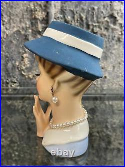 Vintage Enesco Lady Head Vase Pearl Necklace & Earrings, Ring, Blue Hat Ponytail