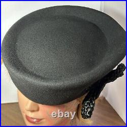 Vintage Eric Javits Cloche PIllbox Hat Black With Black Floral Decor