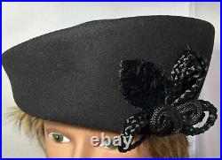 Vintage Eric Javits Cloche PIllbox Hat Black With Black Floral Decor