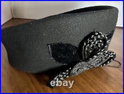 Vintage Eric Javits Cloche PIllbox Hat Black With Black Floral Decor