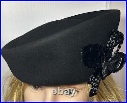 Vintage Eric Javits Cloche PIllbox Hat Black With Black Floral Decor