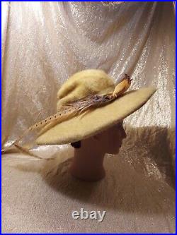 Vintage Felted Hat Davidson's Louisville, KY, Feathers, Faux Bird, Wide Brim