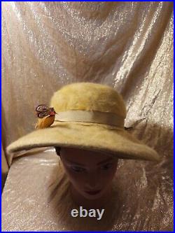 Vintage Felted Hat Davidson's Louisville, KY, Feathers, Faux Bird, Wide Brim