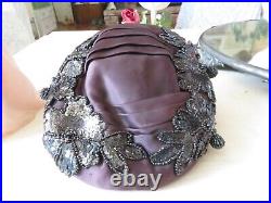 Vintage Flapper Schiaparelli Paris France Heavily Beaded Dark Bluish Black Hat