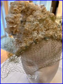 Vintage Flowered Hat Jack McConnell White Flowers Netting