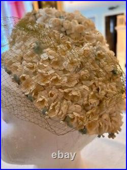 Vintage Flowered Hat Jack McConnell White Flowers Netting