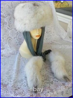 Vintage Fox Fur Hat 23 and Attachable Gray Scarf With Fox Fur Tails M/L Lovely