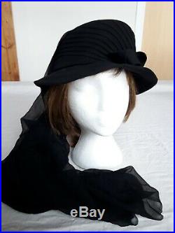 Vintage French Black Funeral Hat and Long Chiffon Veil Edwardian Mourning Ladies