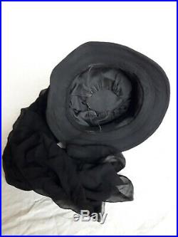 Vintage French Black Funeral Hat and Long Chiffon Veil Edwardian Mourning Ladies