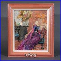 Vintage French Oil Painting on Canvas, Woman with Hat, Signed, Zurich, 1992
