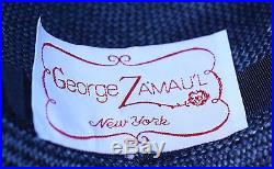Vintage GEORGE ZAMAU'L New York Navy Blue Straw Wide Brim Strawberry CLUSTER