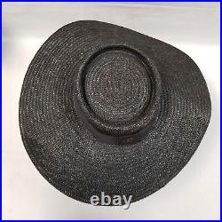 Vintage Gucci 1980s Black Woven Straw Wide Brim Summer Hat Size 56