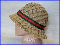 Vintage Gucci Bucket Hat Web Stripe Monogram Beige Sz M Women S Men Leather Logo