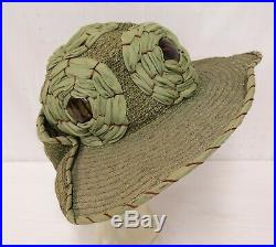 Vintage HAT 1920's ART DECO Wide Brim CLOCHE HAT Green Woven Straw Ruched Silk M