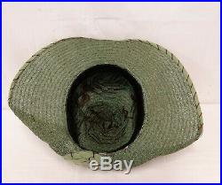 Vintage HAT 1920's ART DECO Wide Brim CLOCHE HAT Green Woven Straw Ruched Silk M