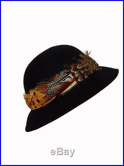 Vintage Halston Hat Black Wool with Brim Feathers 1970s Boho Hippie