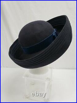Vintage Halston Navy Blue Up-Turned Wool Brenton Hat with Ribbon