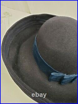 Vintage Halston Navy Blue Up-Turned Wool Brenton Hat with Ribbon