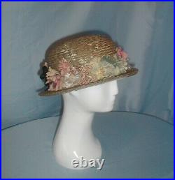 Vintage Hat 1920's Flapper Green and Tan Straw Hat Floral Trim