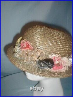 Vintage Hat 1920's Flapper Green and Tan Straw Hat Floral Trim