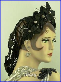 Vintage Hat Black Silk Flowers & Beads, Medieval Wedding Head Dress, Snood Tiara