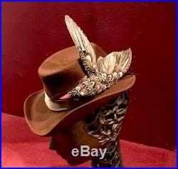 Vintage Hat Brown Felt Bird 30s 40s Silk Ribbon Tilt Top Stetson Wool Novelty