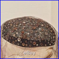 Vintage Hat Brown Juliet Cap Crystals Double Face Veil Nan Duskin & Frank Olive