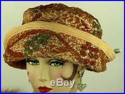 Vintage Hat Edwardian 1906 Bicorn Cloche Toque In Rust, Cream & Silver Chenille