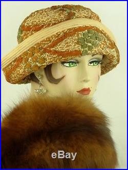 Vintage Hat Edwardian 1906 Bicorn Cloche Toque In Rust, Cream & Silver Chenille
