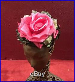 Vintage Hat Fascinator Rose Pink Hat Pillbox Vintage Tilt 50s 60s Green Flower