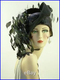 Vintage Hat Jack Mcconnell, Black Cloche, Asymmetric Brim With Trailing Feathers
