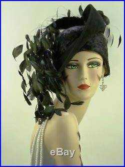 Vintage Hat Jack Mcconnell, Black Cloche, Asymmetric Brim With Trailing Feathers