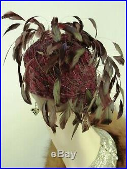 Vintage Hat Jack Mcconnell Burgundy Asymmetric Feather Beret, Waterfall Feathers