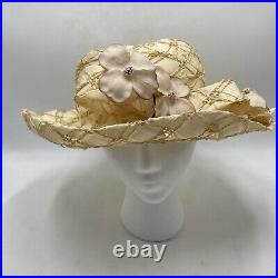 Vintage Hattitude Louise Green Hat Woven Side Flowers LATTICE Pattern