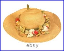 Vintage Irene Of New York Large Brimmed Straw Hat Floral Trim