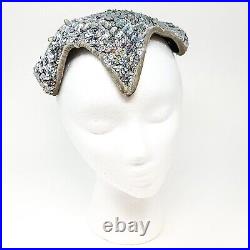 Vintage Iridescent Silver Velvet Beaded Skull Cap Headpiece Widows Peak