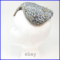 Vintage Iridescent Silver Velvet Beaded Skull Cap Headpiece Widows Peak