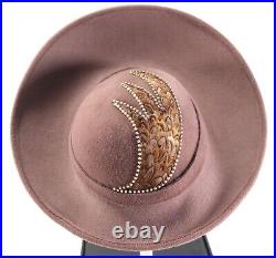 Vintage JACK MCCONNELL NY Designer Purple Taupe Wool Rhinestone Church Derby Hat