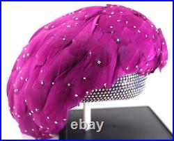 Vintage JACK McCONNELL NY Designer Purple Rhinestone Feathered Church Derby Hat