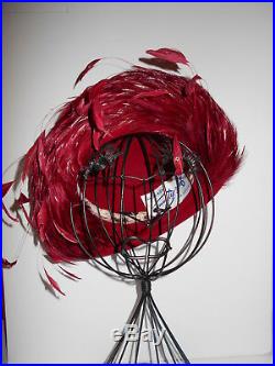 Vintage JACK McCONNELL New York Red Church Hat Feathers with Rhinestones