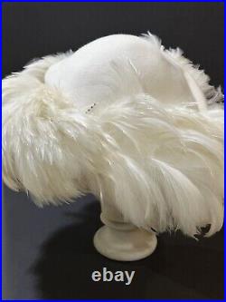 Vintage JACK McCONNELL Off White Feathers Wool HAT WithRHINESTONES Church Derby