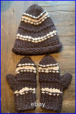 Vintage JCREW Wool Hat and Mitten Set, Brown and Cream, Adult One Size