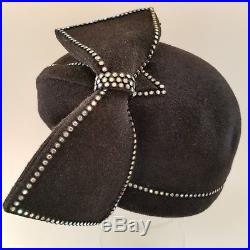Vintage Jack McConnell Boutique Black Wool Hat Rhinestones Bow