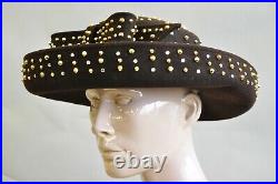 Vintage Jack McConnell Boutique Brown Wool Gold Silver Stud Wide Brim Derby Hat