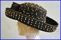 Vintage Jack McConnell Boutique Brown Wool Gold Silver Stud Wide Brim Derby Hat